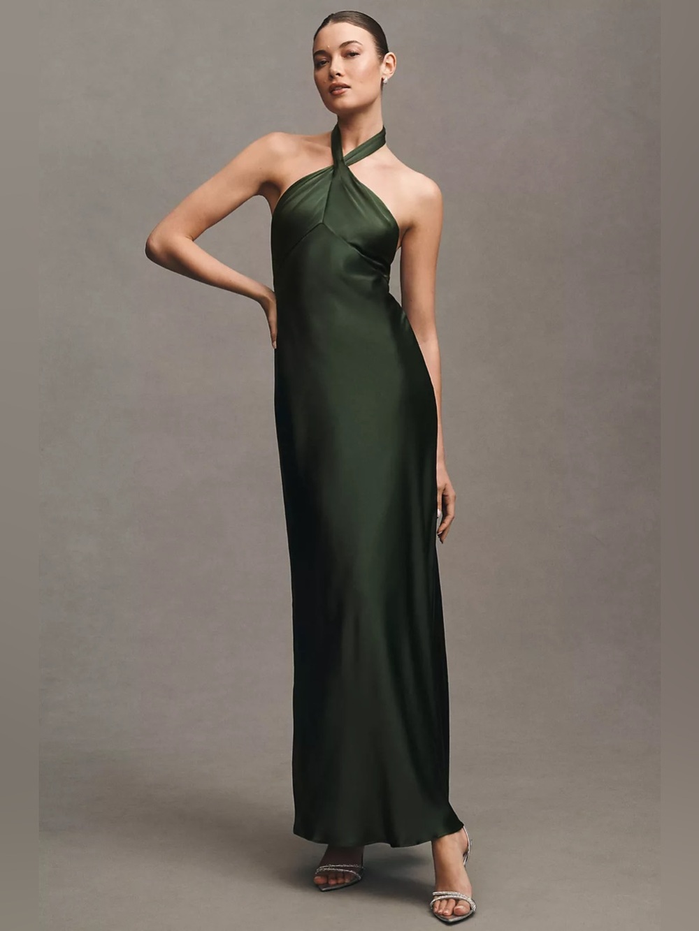 BHLDN Anthropologie green Halter Satin Maxi Dress